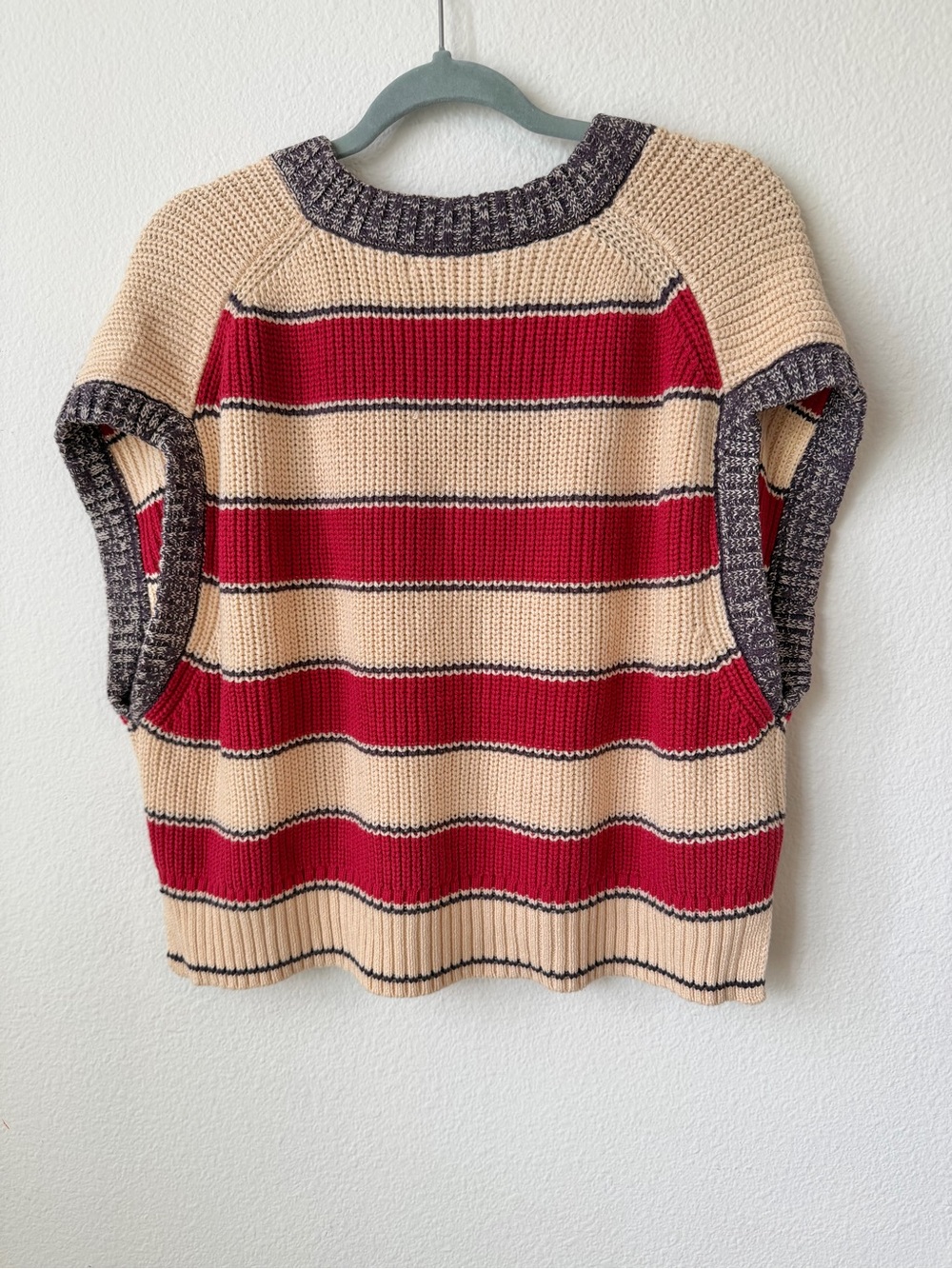 OLIVACEOUS Chunky Knit Striped Crop Vest, Preppy V-Neck, Red/Beige, L - Picture 6 of 8